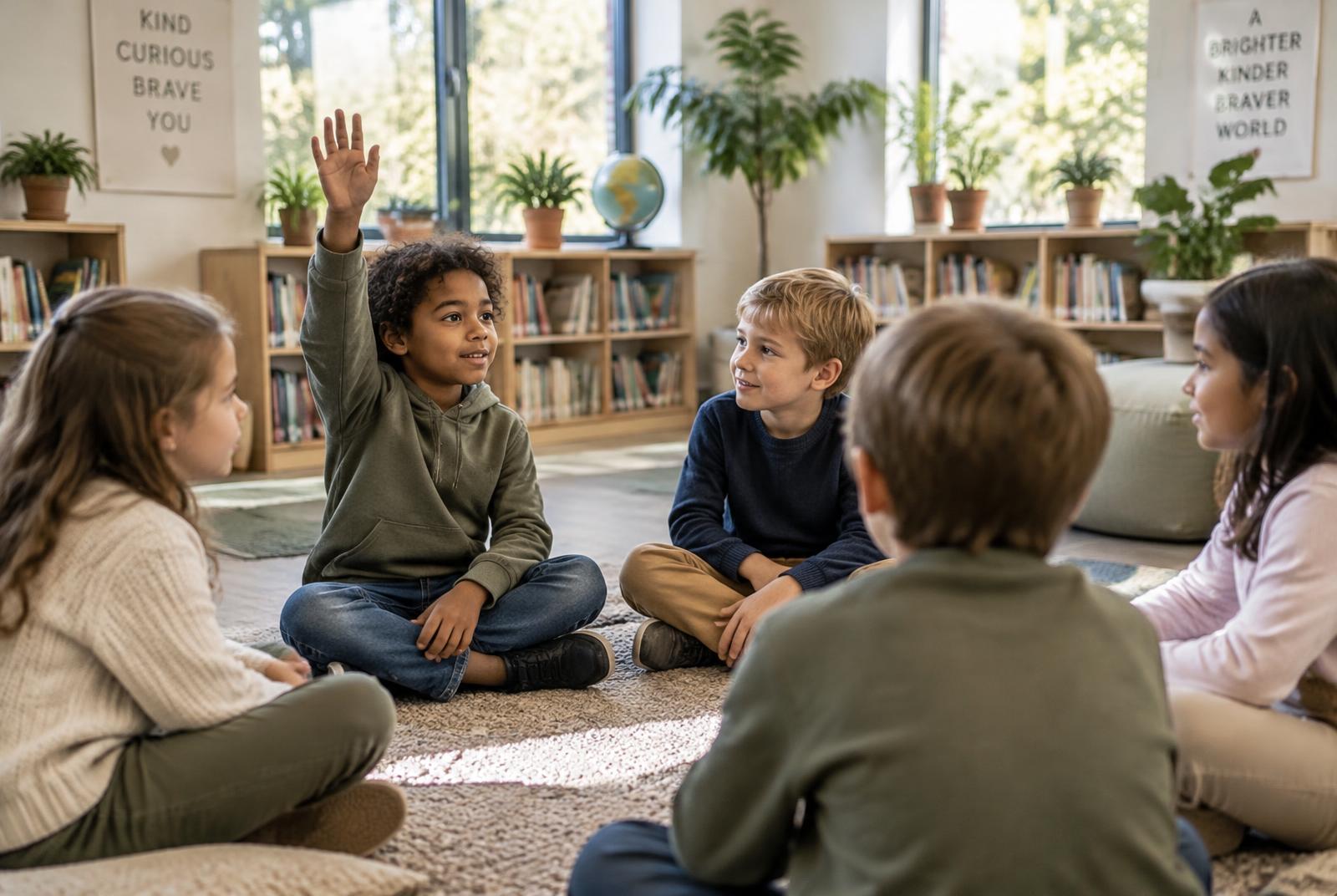 Enfants assis en cercle échangeant lors d'un atelier philosophique